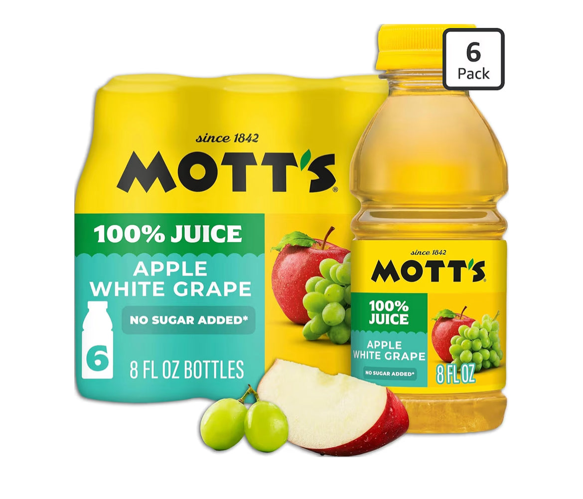 Mott's 100% Apple White Grape Juice six 8 fl oz bottles pack with apple and white grape flavor