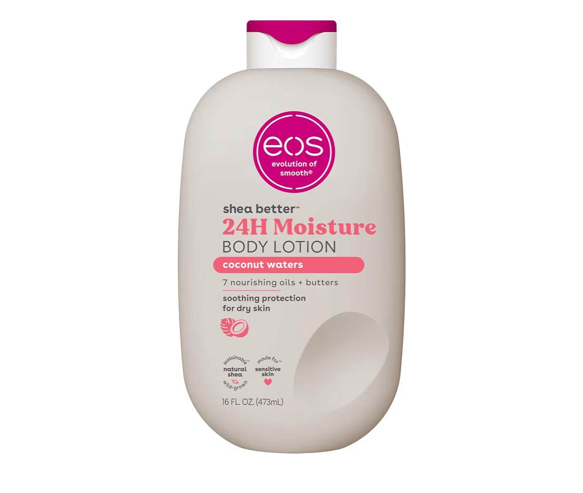 eos Shea Better Body Lotion Coconut Waters 16 fl oz bottle for 24-hour lightweight moisturizing with natural shea and vegan ingredients