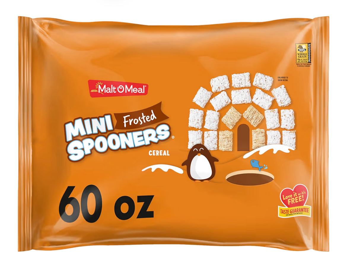 Malt-O-Meal Frosted Mini Spooners whole grain cereal in 60 oz resealable bag