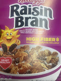 Kellogg's Raisin Bran with cranberries cereal box 13.6 oz featuring heart-healthy multigrain flakes and real fruit
