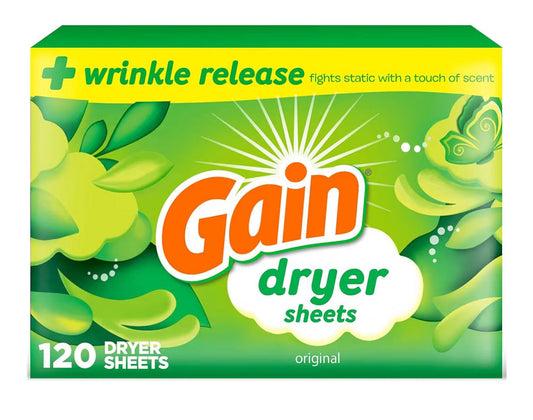 Gain dryer sheets box with Original Scent, 120 count, for static reduction and wrinkle release in laundry