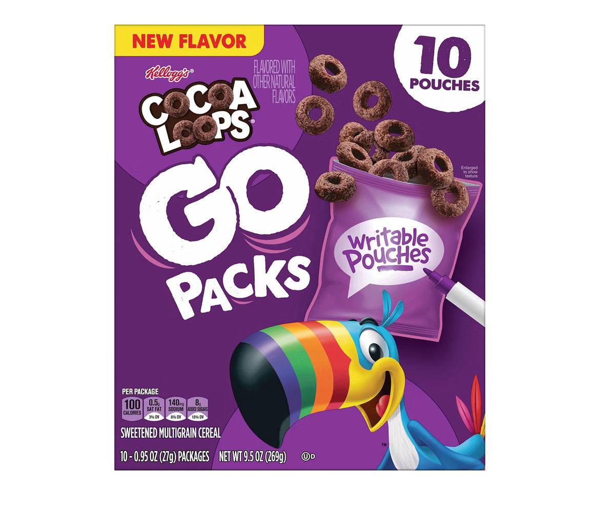 Kellogg's Cocoa Loops GO Packs Original Cereal 9.5oz 10 Count box with individual snack pouches for kids