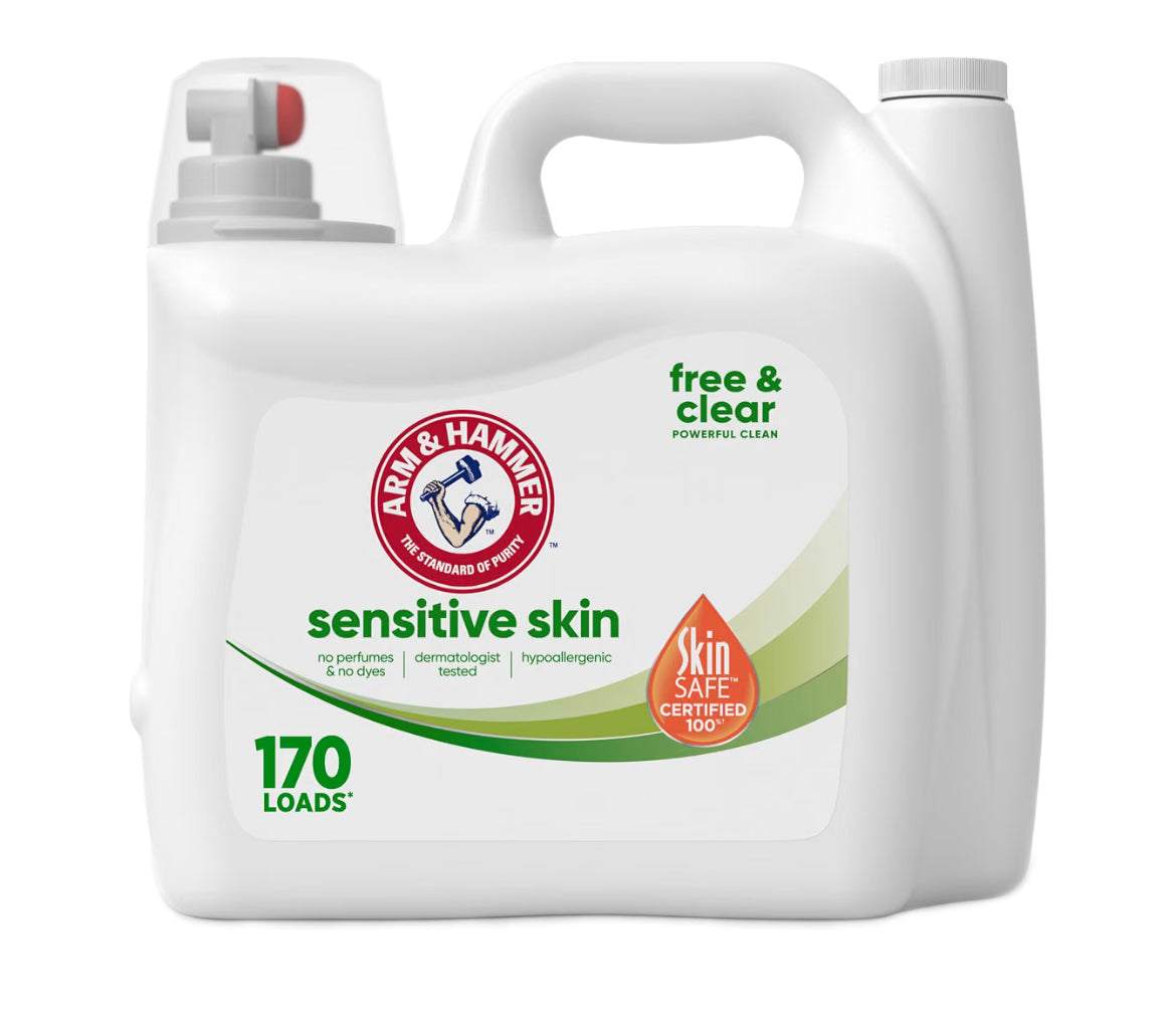 ARM & HAMMER Sensitive Skin Free & Clear Liquid Laundry Detergent 170 fl oz bottle for 170 loads, hypoallergenic and dye free