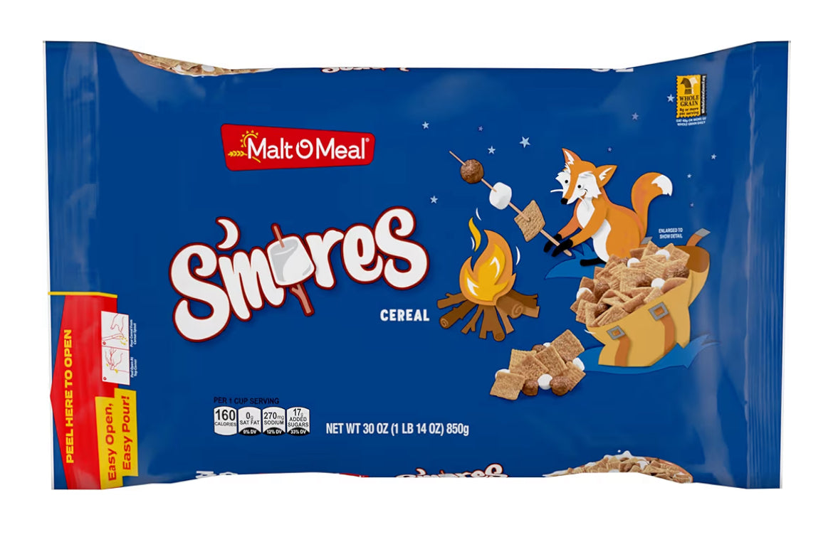 Malt-O-Meal S'mores cereal bag with honey graham squares, chocolate puffs, and marshmallow bits, 30 oz family size