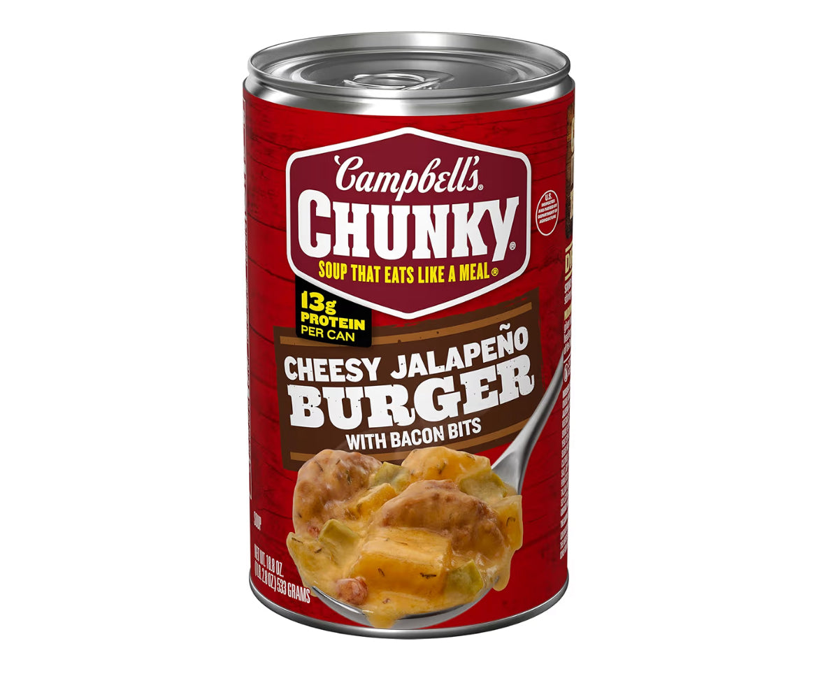 Campbell's Chunky Cheesy Jalapeño Burger with Bacon Bits Soup 18.8 oz can packaging