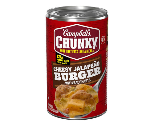 Campbell's Chunky Cheesy Jalapeño Burger with Bacon Bits Soup 18.8 oz can packaging