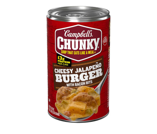 Campbell's Chunky Cheesy Jalapeño Burger with Bacon Bits Soup 18.8 oz can packaging