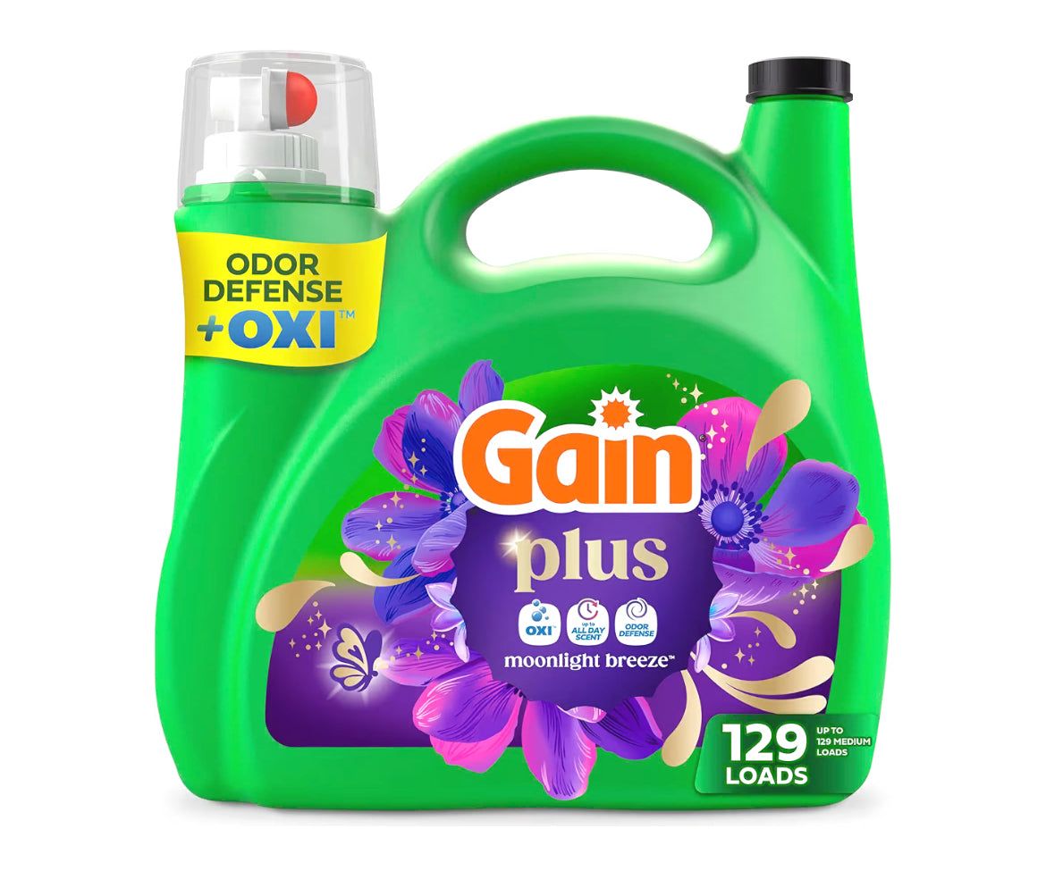 Gain Plus Liquid Laundry Detergent with Oxi Moonlight Breeze scent, 170 fl oz, 129 loads bottle