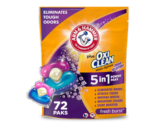 ARM & HAMMER Plus OxiClean 5-in-1 Laundry Detergent Power Paks box with 72 count for odor and stain removal