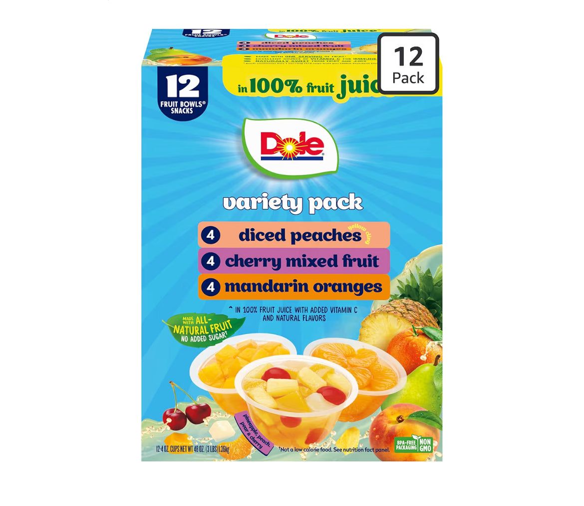 Dole diced peaches mandarin oranges cherry mixed fruit cups in 100% juice variety pack 12 count