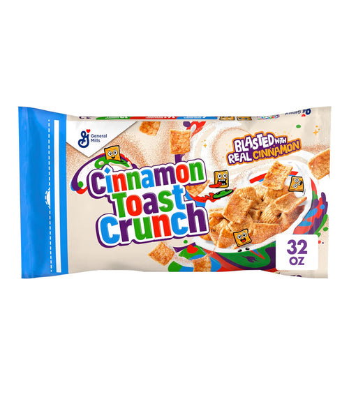 Cinnamon Toast Crunch 32 oz value bag of crispy cinnamon cereal squares with cinnamon sugar coating