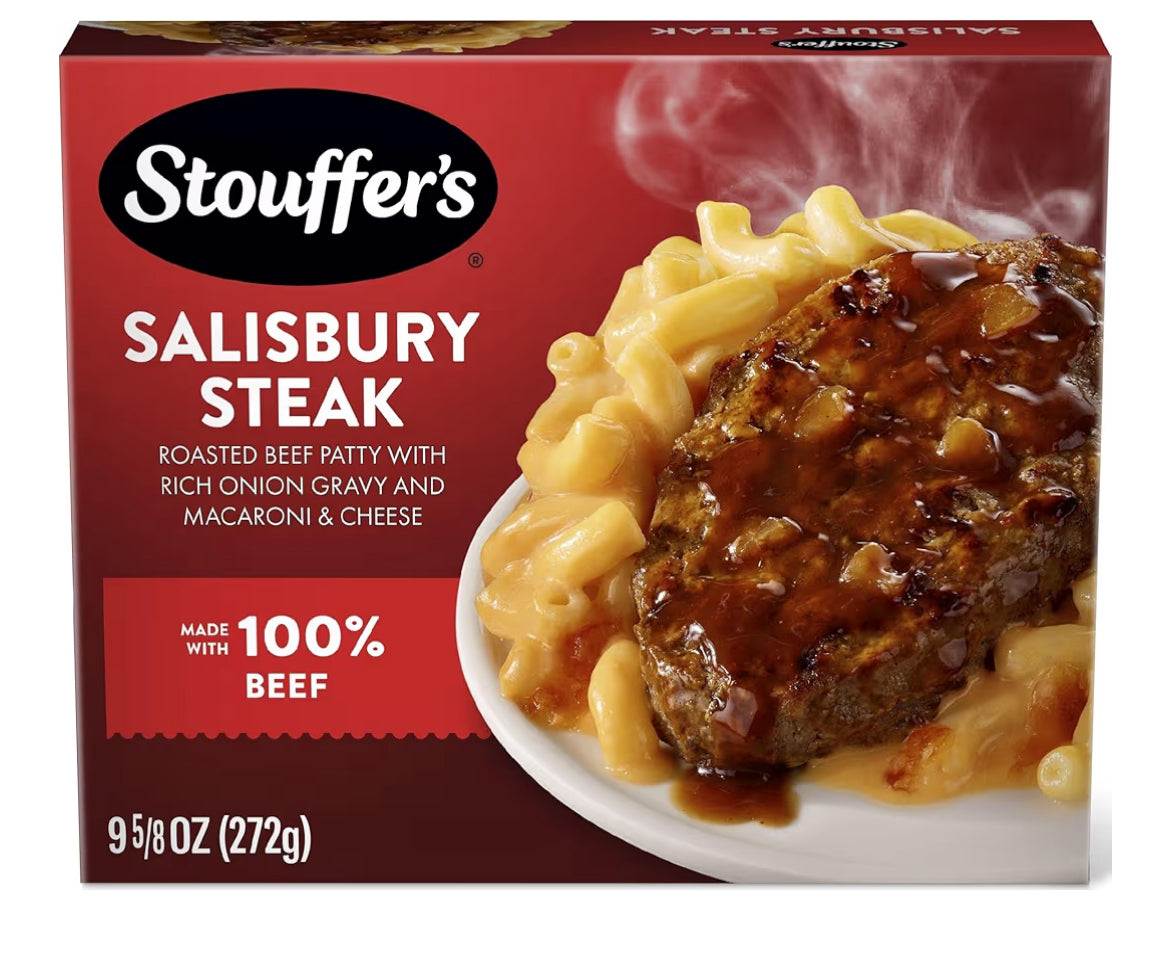 Stouffer's Salisbury Steak frozen meal with macaroni and cheese in onion gravy