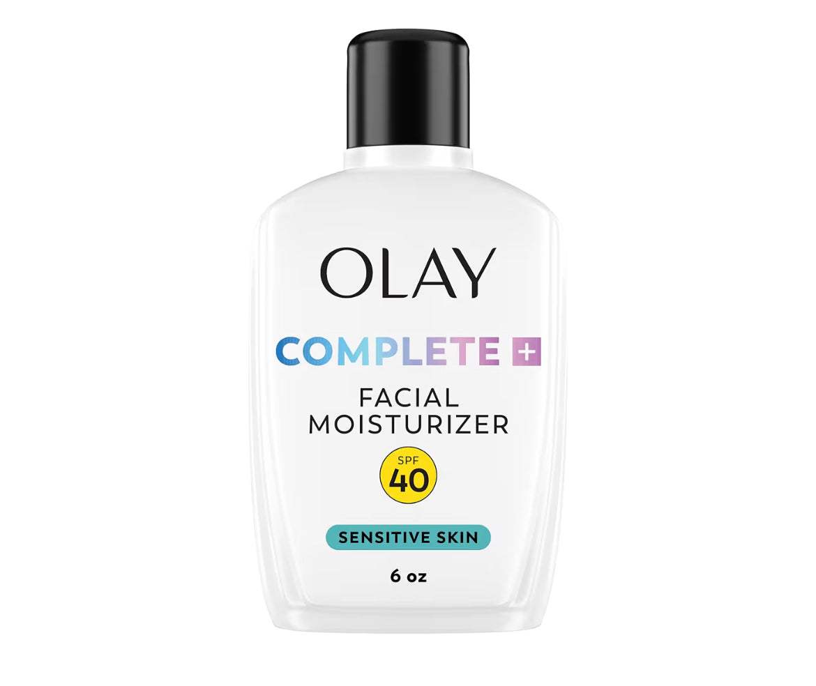 Olay Complete+ Face Moisturizer with SPF 40 for sensitive skin, broad spectrum sun protection, fragrance-free, no white cast