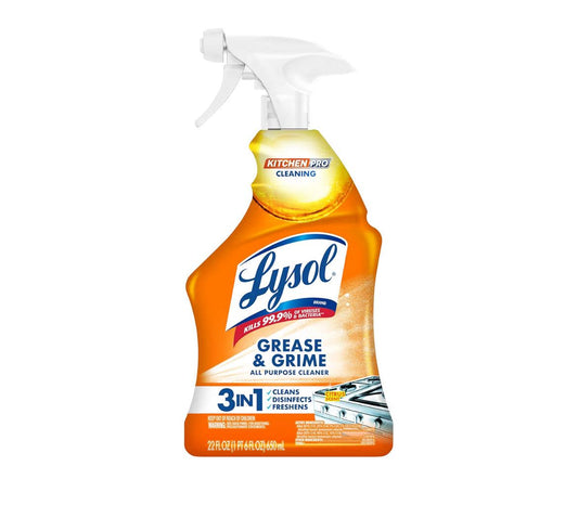Lysol Pro Kitchen Spray Cleaner and Degreaser 22oz citrus scent bottle on kitchen counter