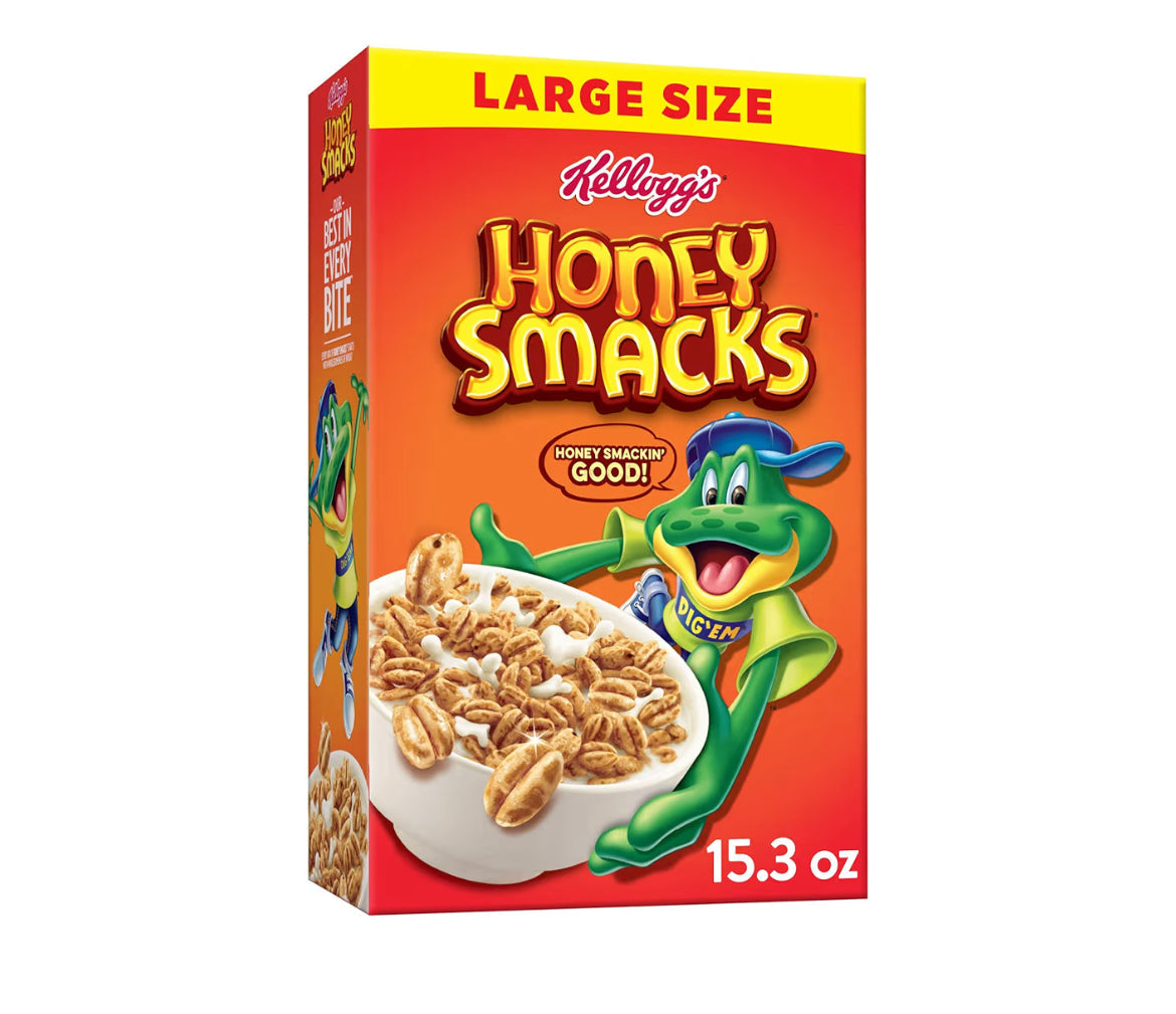 Kellogg's Honey Smacks cereal box with whole grain, 15.3 oz package