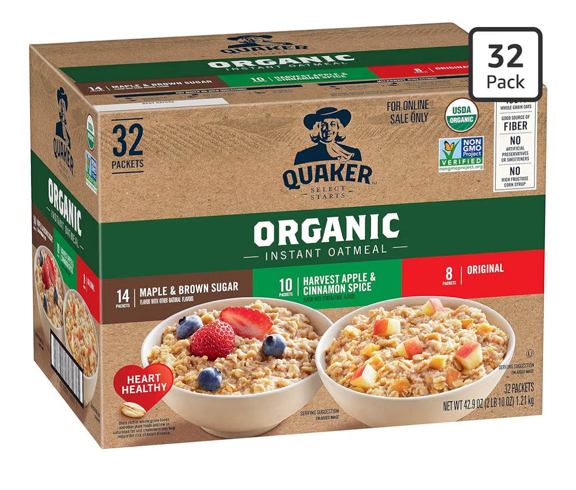 QUAKER Instant Oatmeal USDA Organic Non-GMO 3 Flavor Variety Pack 32 Count