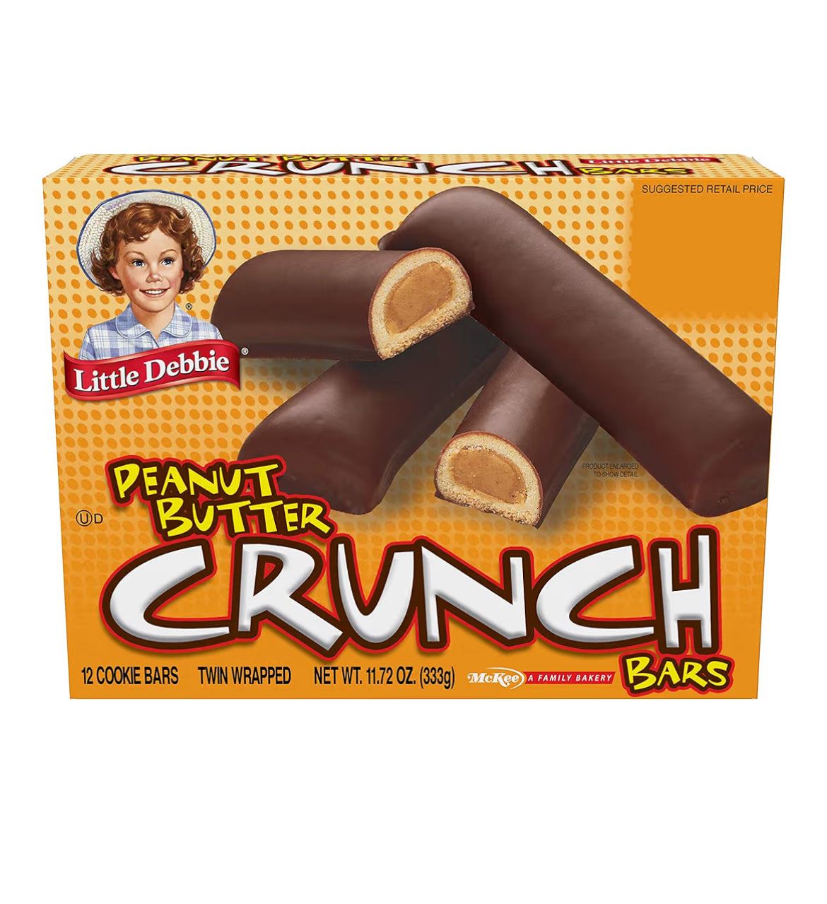 Little Debbie Peanut Butter Crunch Bars packaging with peanut butter and chocolate fudge layers