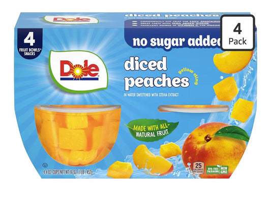 Dole Fruit Bowls diced peaches in 100% juice 4-pack gluten and dairy free snack cups