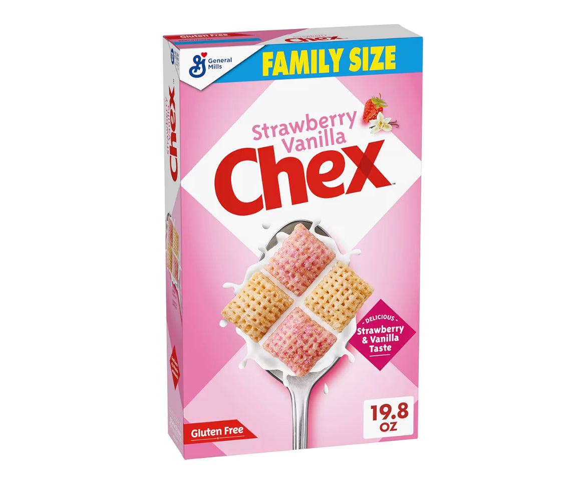 Strawberry Vanilla Chex Cereal gluten free family size box with whole grain