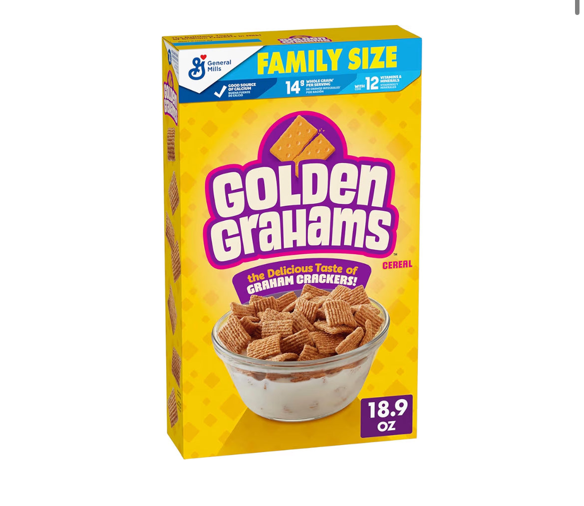 Box of Golden Grahams Breakfast Cereal family size 18.9 oz with graham cracker taste and whole grain