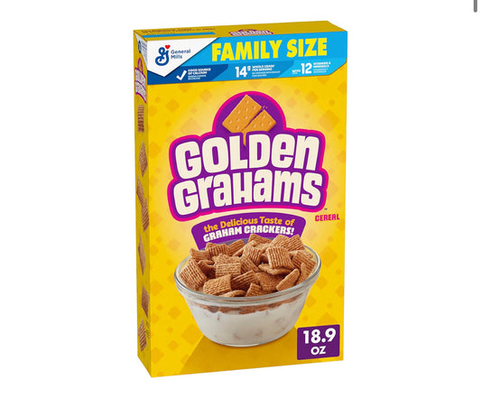 Box of Golden Grahams Breakfast Cereal family size 18.9 oz with graham cracker taste and whole grain