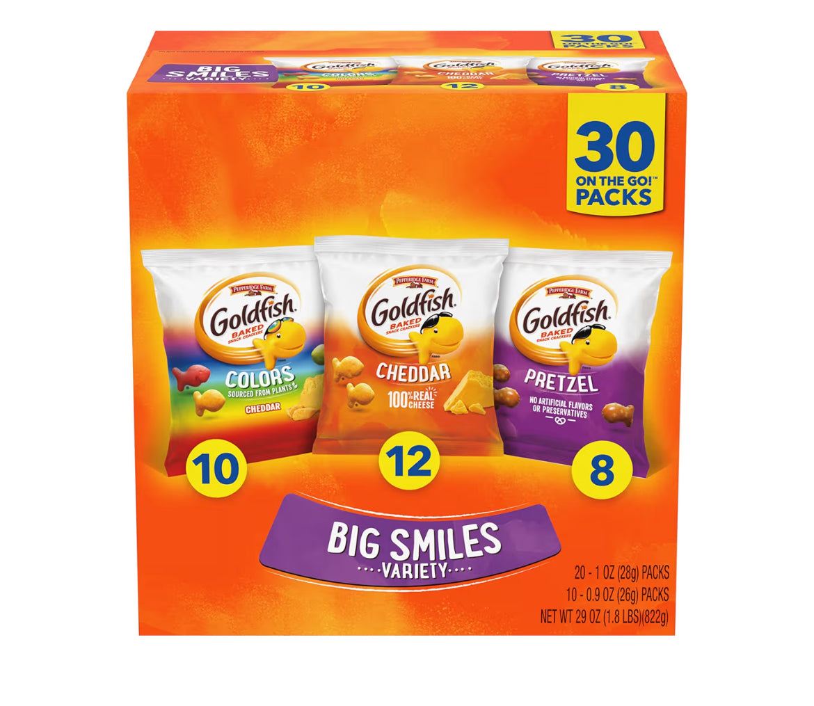 Goldfish Crackers Big Smiles Variety Pack with Cheddar, Colors, and Pretzels snack packs, 30 count box