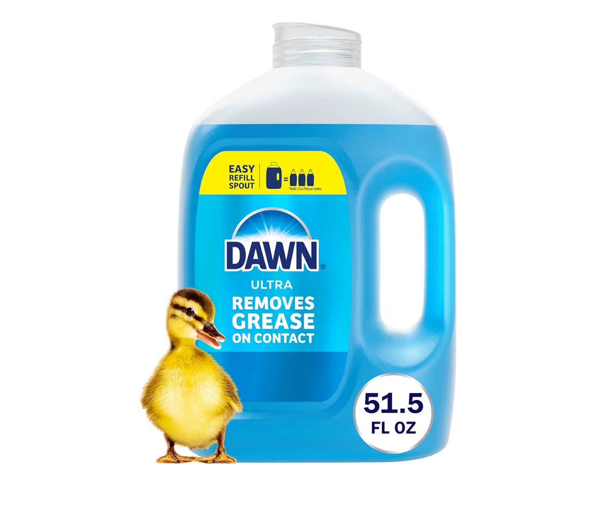 Dawn Ultra Dish Soap refill jug with blue liquid grease-fighting detergent, 51.5 oz large size
