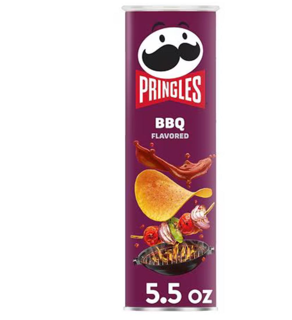 Pringles BBQ flavored potato crisps in a 5.5oz can for on-the-go snacks