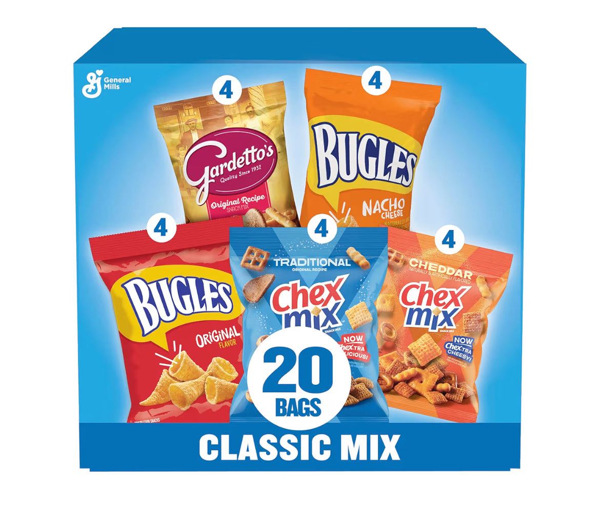 Classic Mix snack variety pack with Bugles, Gardetto's, and Chex Mix single-serving bags