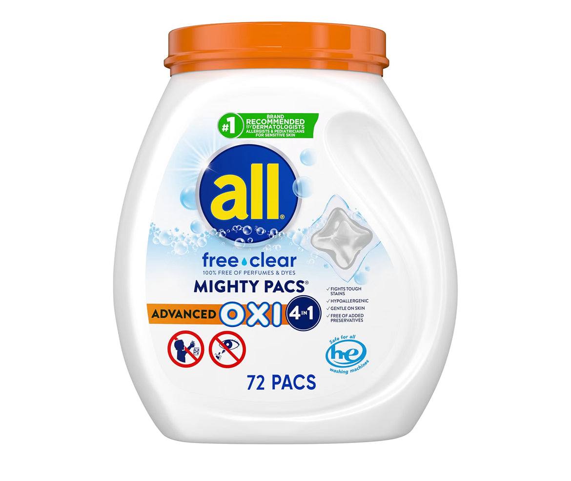 all Free Clear OXI Mighty Pacs 72 count laundry detergent unit dose tub