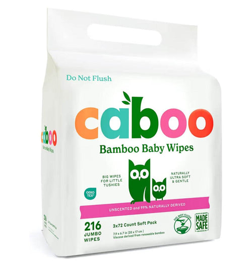 Caboo Baby Wipes made with bamboo viscose, unscented, safe for sensitive skin, 216 wipes total