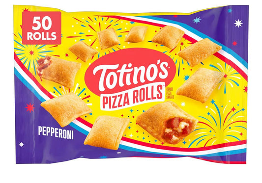 Package of Totino's Pepperoni Pizza Rolls frozen snack with 50 rolls, 24.8 oz.