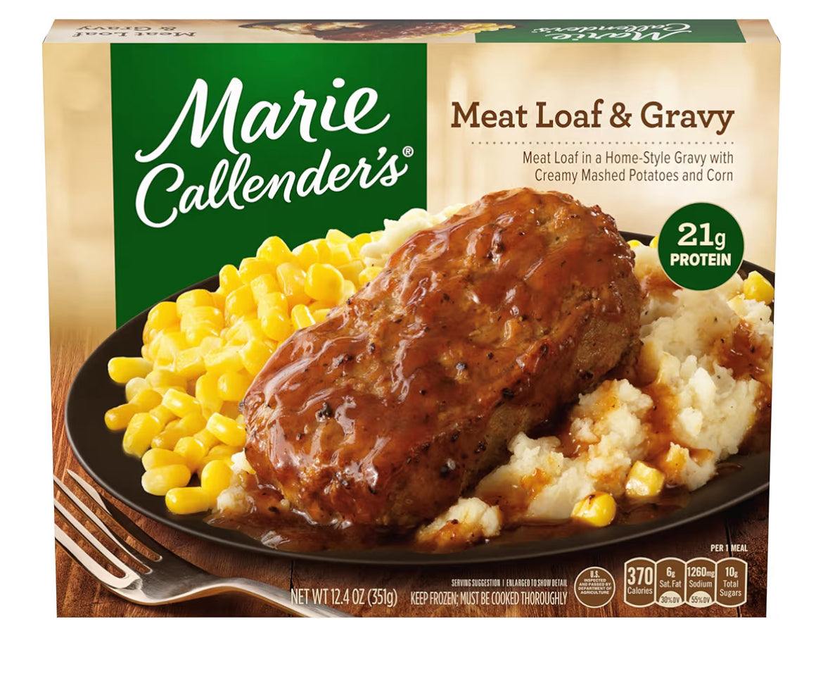Marie Callenders Meat Loaf with gravy frozen meal featuring mashed potatoes and corn