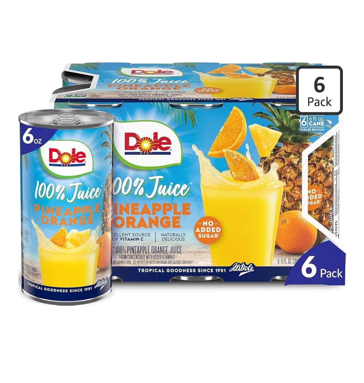 Dole 100% Pineapple Orange Juice can with no added sugar and vitamin C label