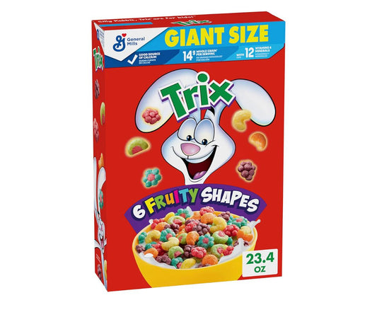 Giant box of Trix Breakfast Cereal with 6 fruity shapes and whole grain corn puffs, 23.4 oz