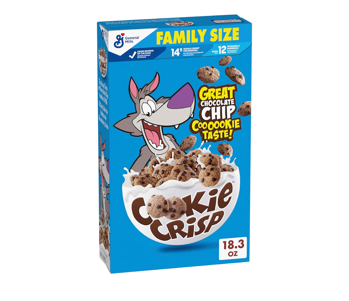 Cookie Crisp Breakfast Cereal family size box with chocolate chip cookie taste and whole grain, 18.3 oz
