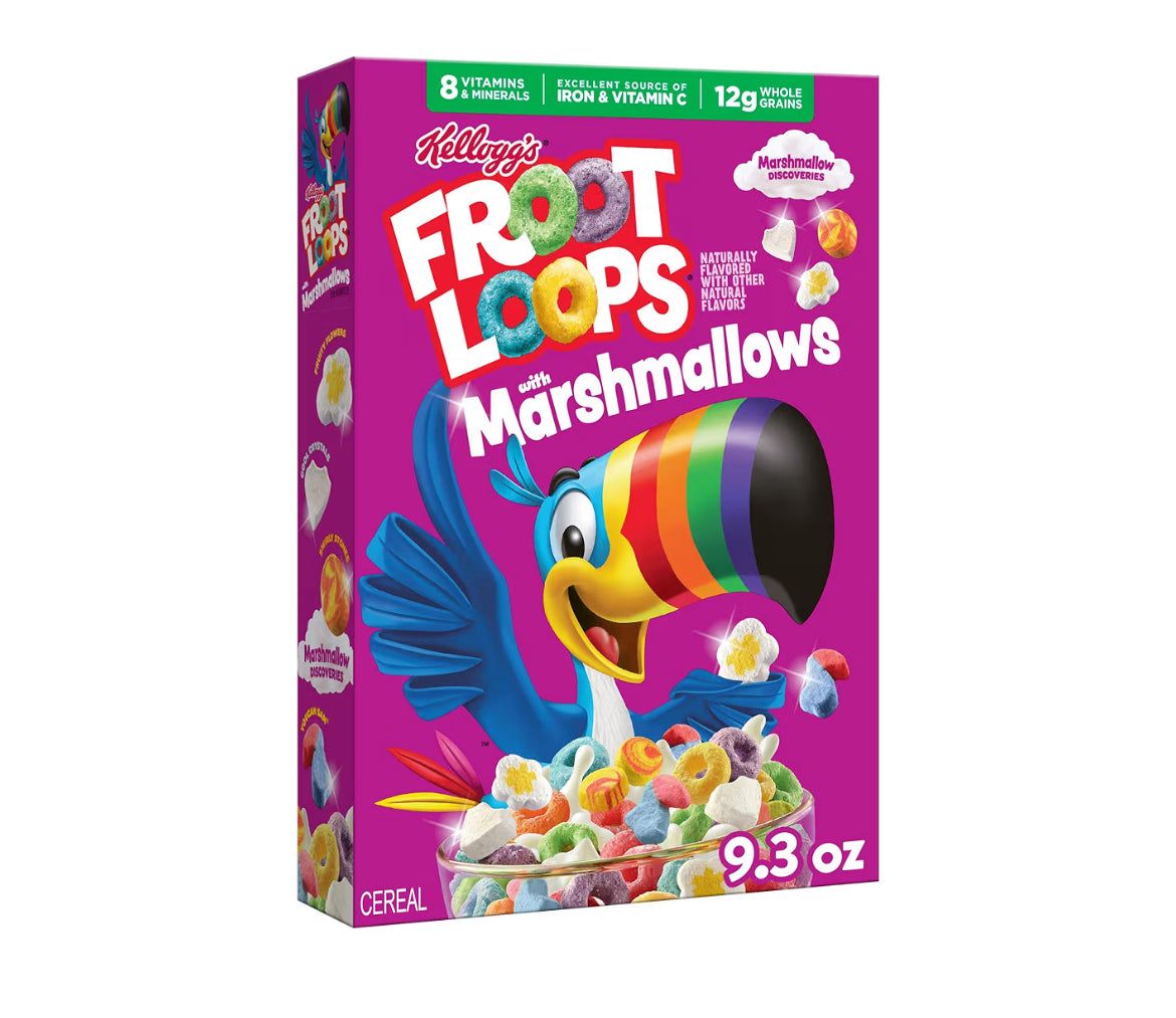 Kellogg's Froot Loops with Marshmallows colorful cereal box showing fruity multigrain O's and marshmallows