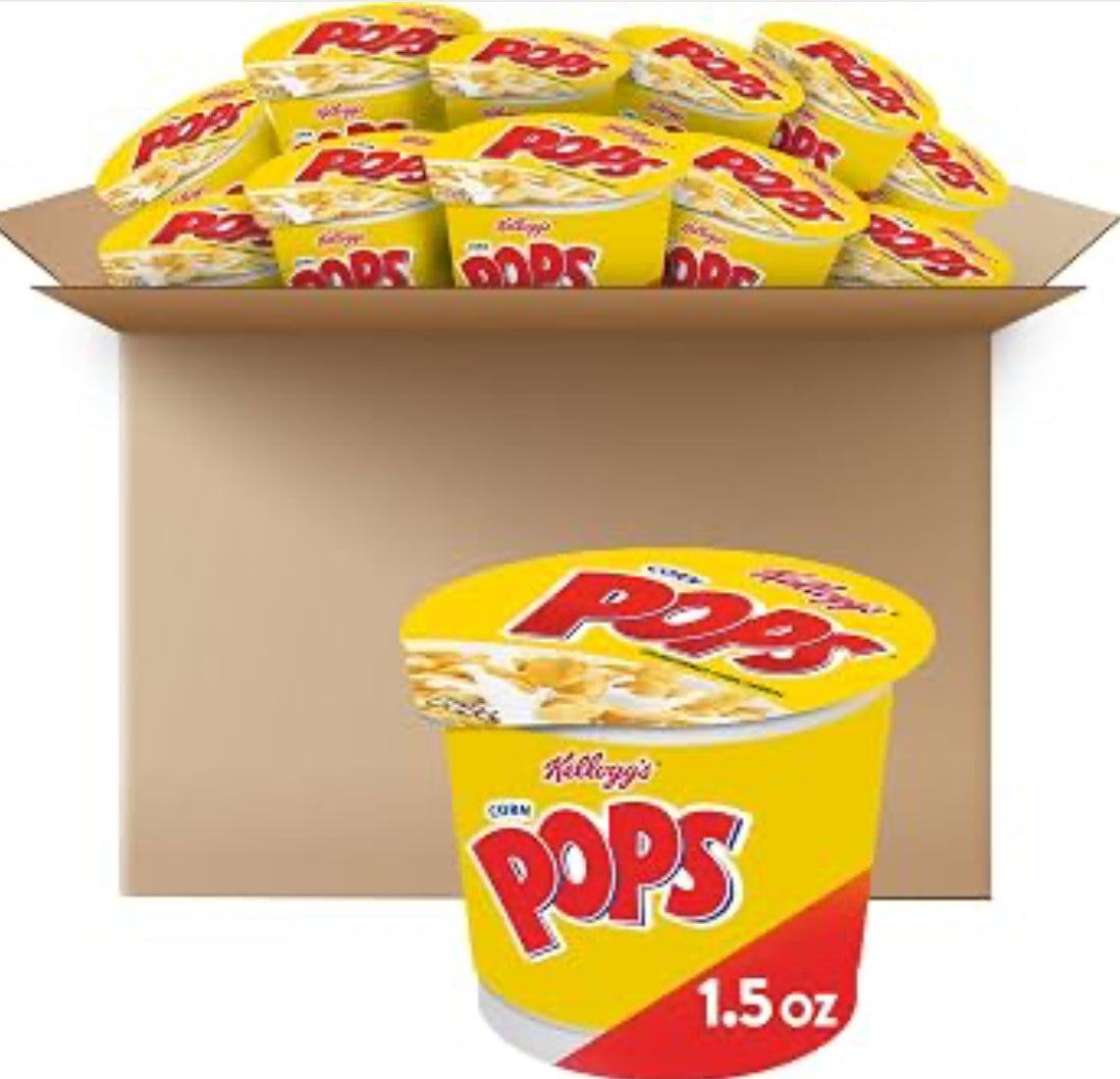 Kellogg's Corn Pops cold breakfast cereal cups with 8 vitamins and minerals, kids snacks, original flavor, 12 pack