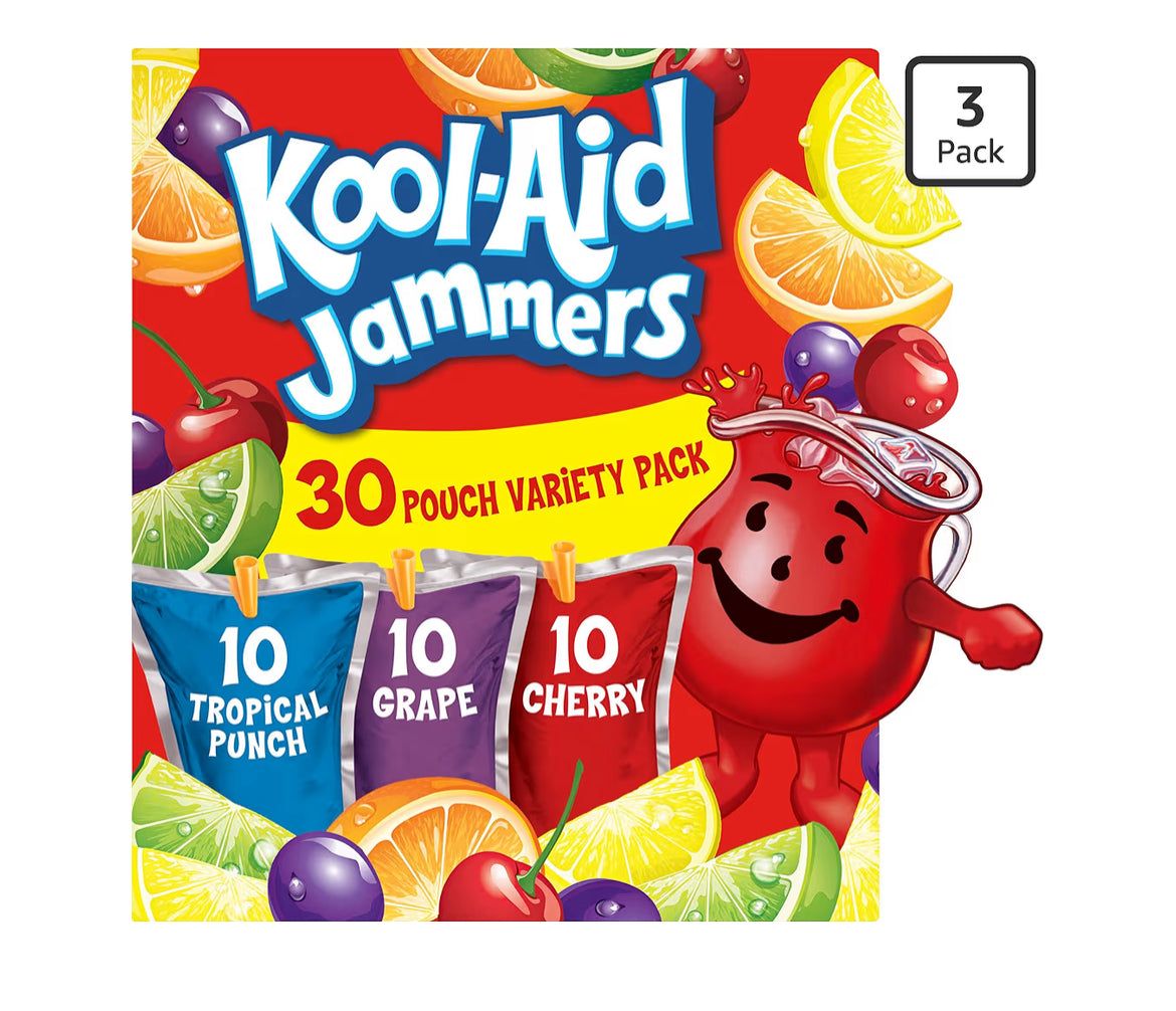 Kool-Aid Jammers Drink 30 pouches tropical punch grape cherry flavors for school lunches