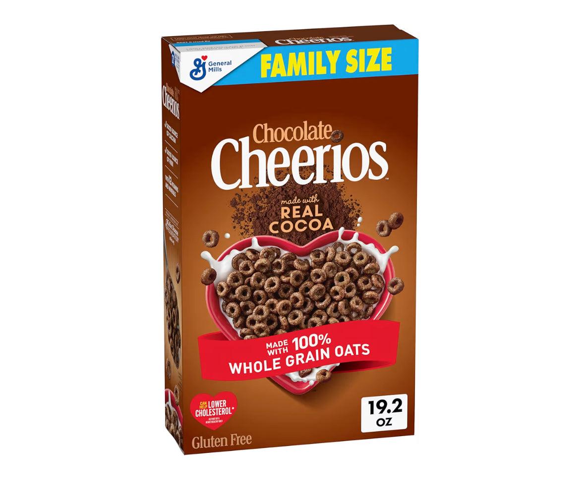 Box of Chocolate Cheerios gluten free whole grain oat cereal, family size 19.2 oz