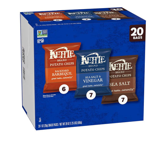 Kettle Brand potato chips variety pack with Sea Salt, Sea Salt & Vinegar, and Backyard Barbeque flavors in 1 oz bags, 20 count