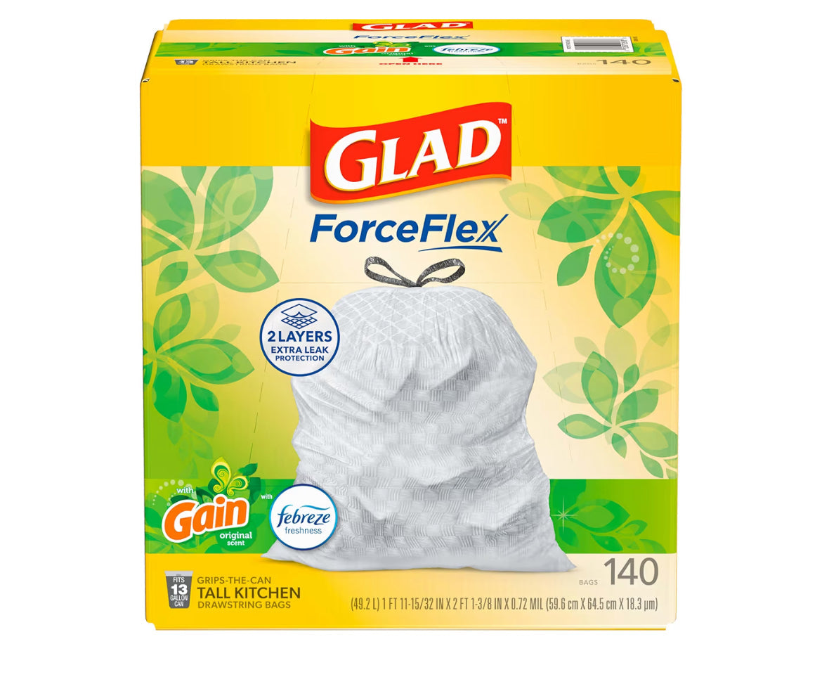 Glad ForceFlex Tall Kitchen Trash Bags 13 Gallon 140 Count packaging with Gain Original scent