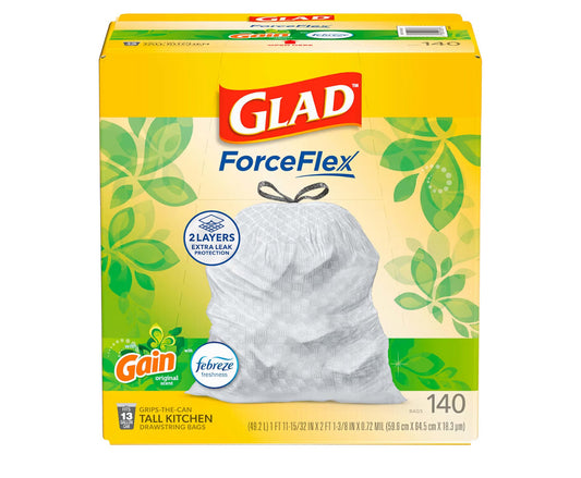 Glad ForceFlex Tall Kitchen Trash Bags 13 Gallon 140 Count packaging with Gain Original scent