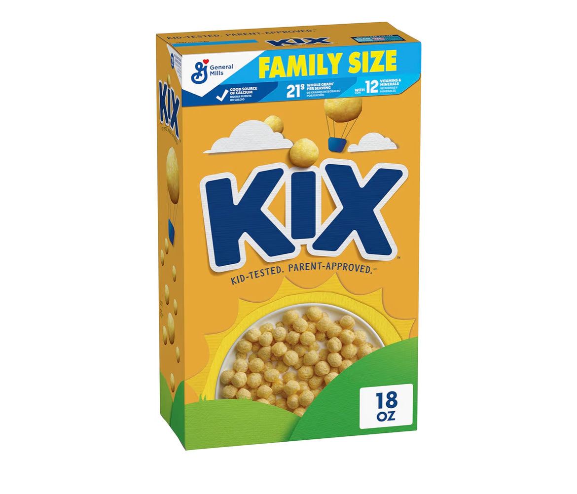 Kix Whole Grain Breakfast cereal family size 18 oz box with crispy corn cereal puffs