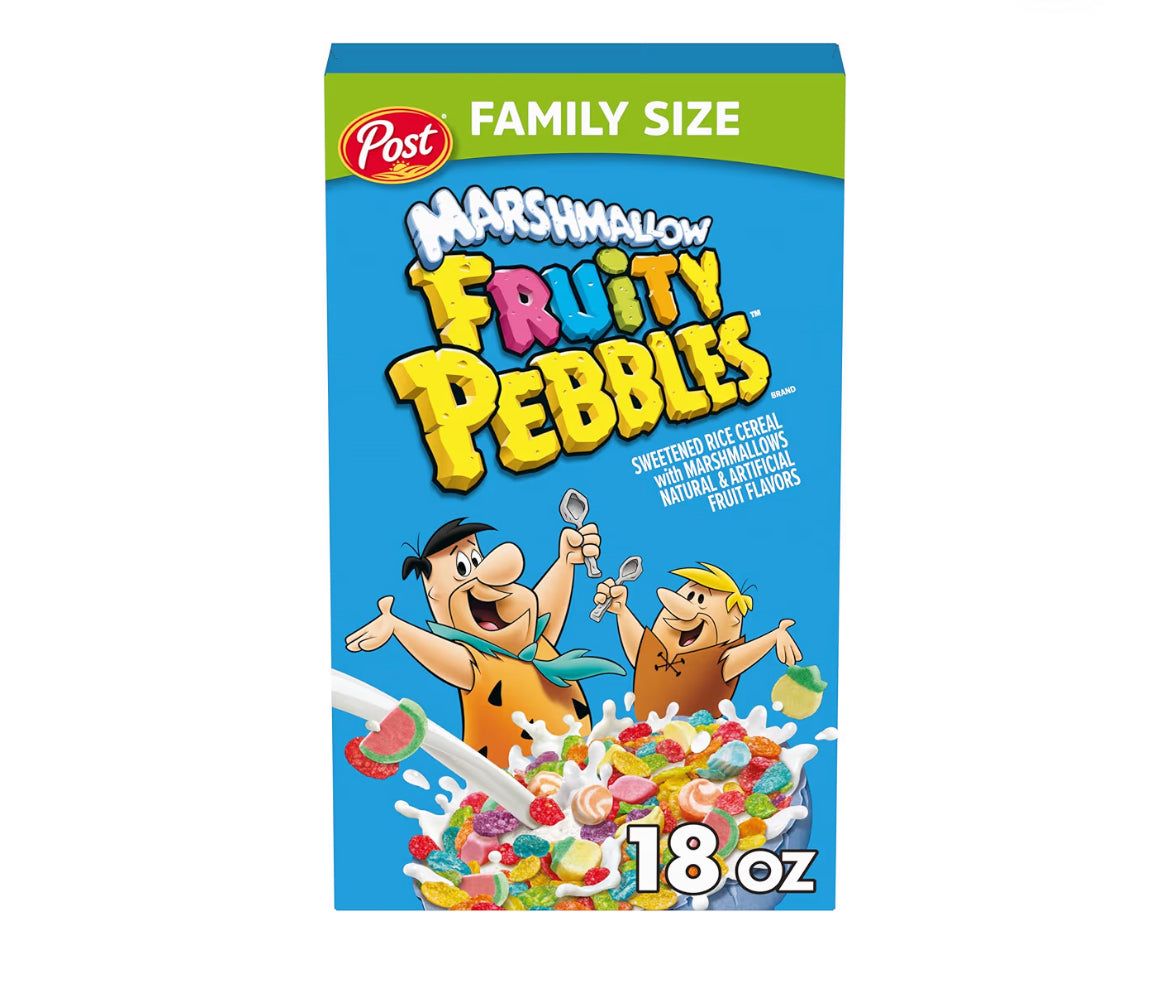 Marshmallow Fruity PEBBLES gluten-free breakfast cereal box with colorful marshmallows and fruity flavors