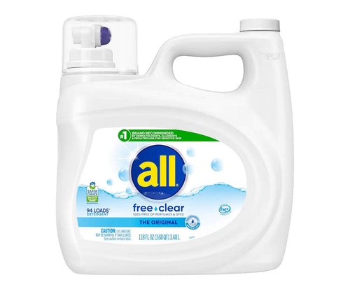 all Liquid Laundry Detergent Free Clear 118 oz bottle for 94 loads sensitive skin safe