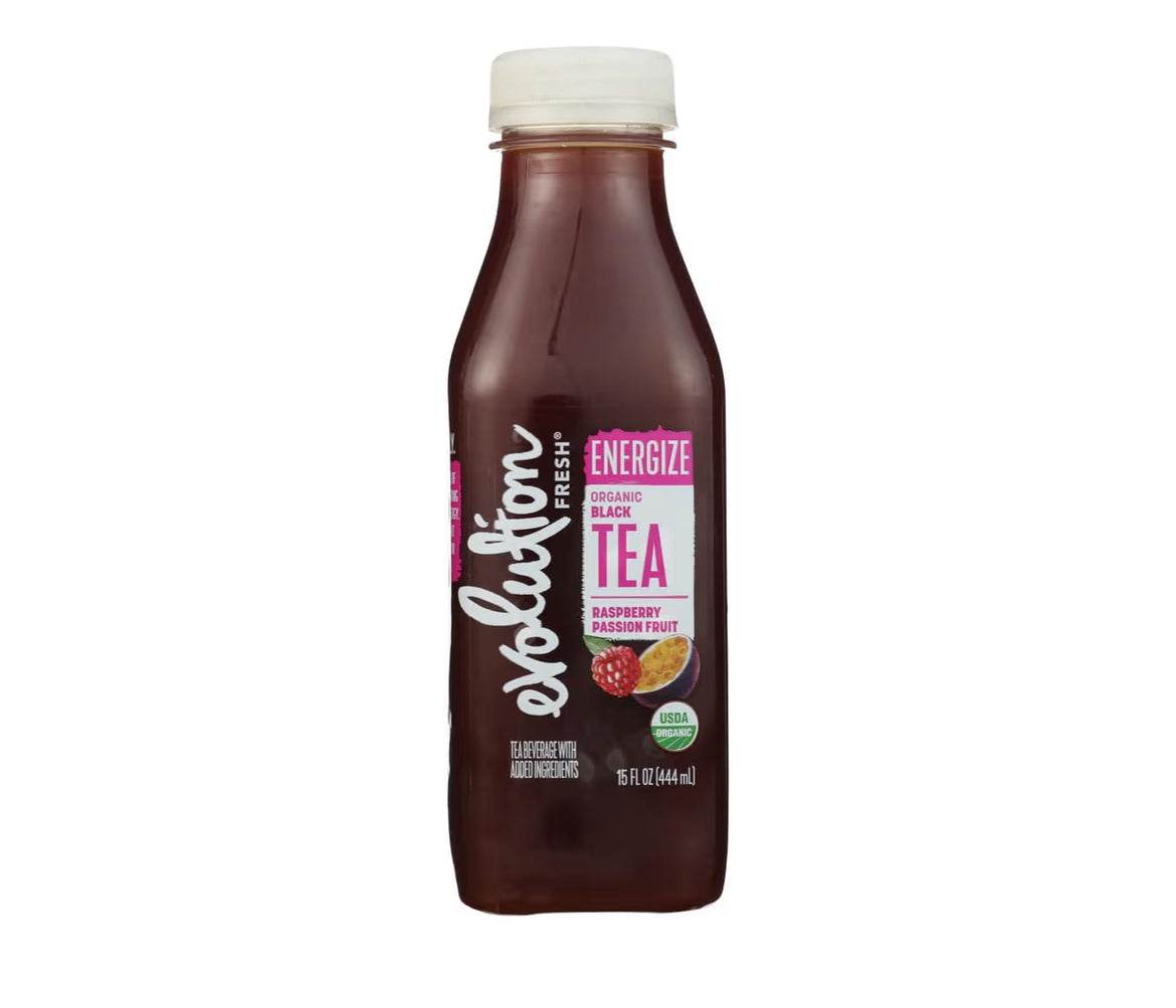 Bottle of Evolution Fresh Organic Energize Raspberry Passionfruit Tea 15 fl oz with vibrant fruit label