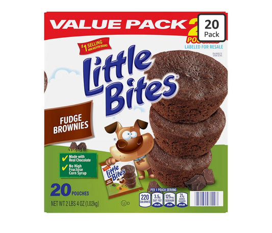 Entenmann's Little Bites Fudge Brownies value pack with 20 individual 1.8 oz packs made with real chocolate