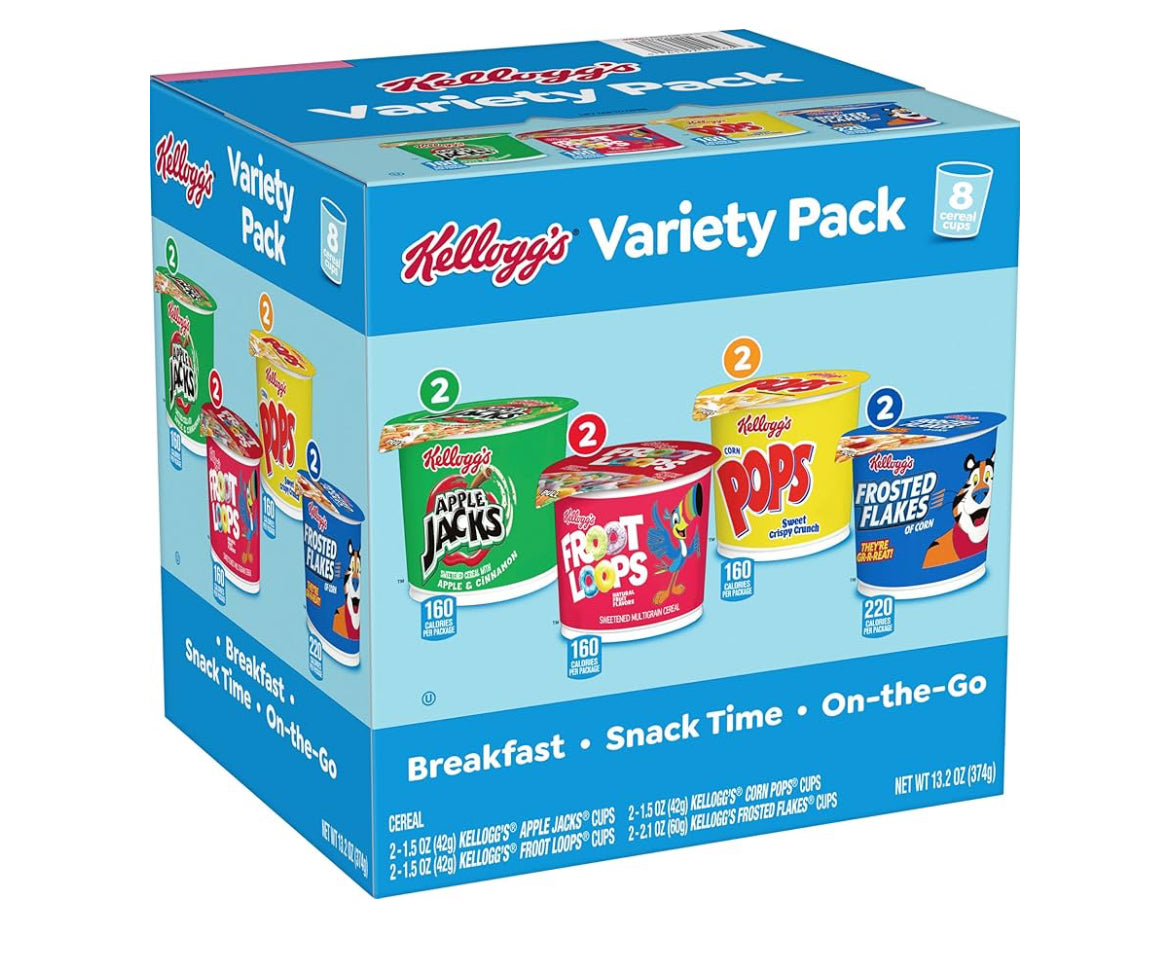 Kellogg's Frosted Flakes, Froot Loops, Apple Jacks, Corn Pops Breakfast Cereal, Variety Pack, 13.2 oz Box (8 Cups)