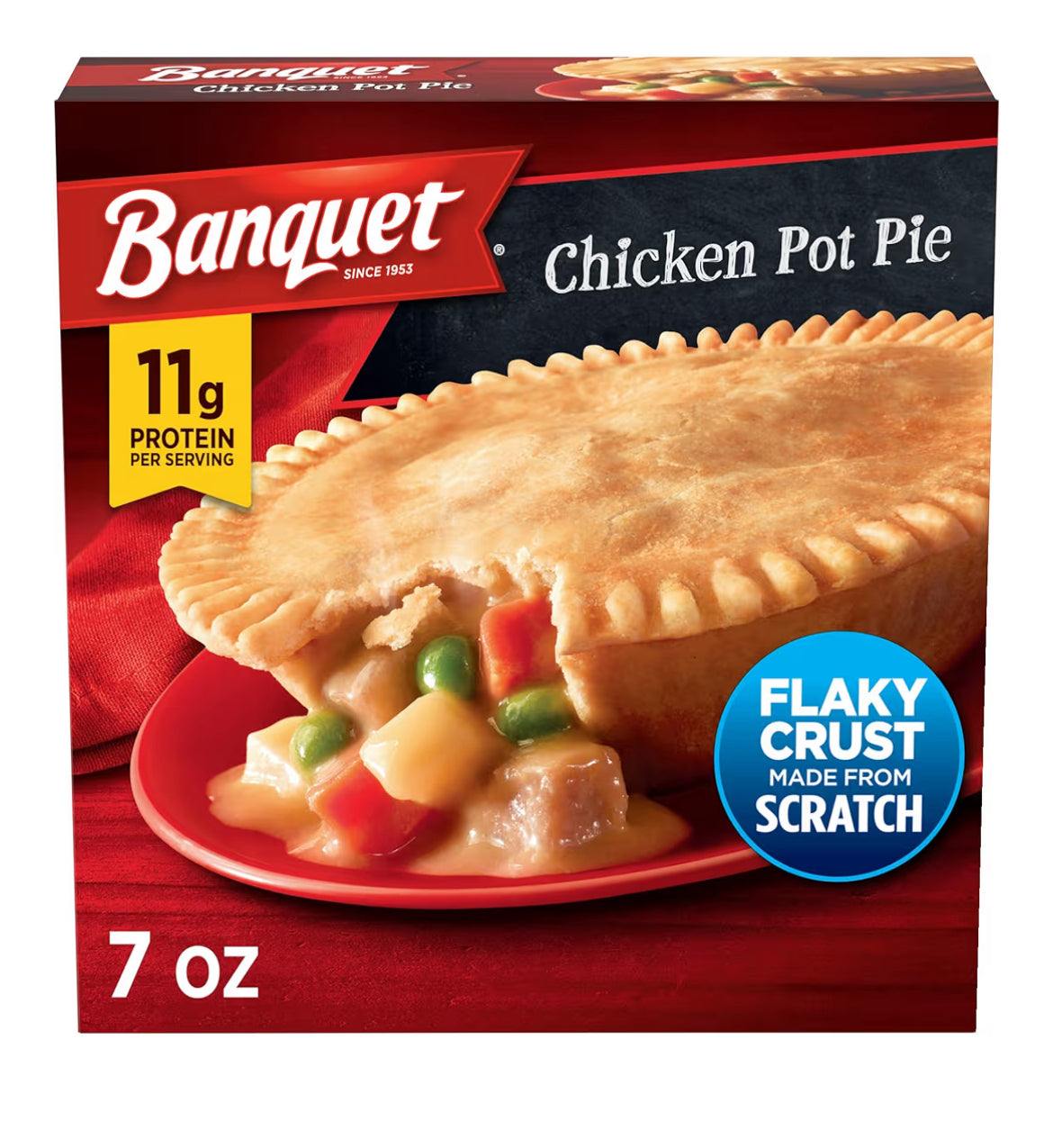 Banquet Frozen Pot Pie Chicken dinner in flaky crust frozen meal packaging